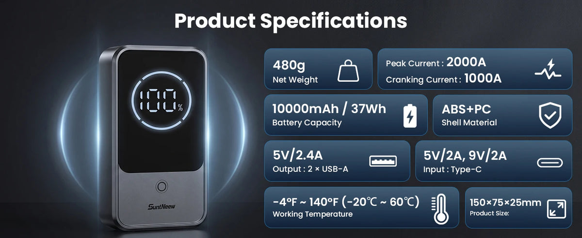 Jump Starter & Power Bank -10000mAh -2000A- 12V Battery Booster
